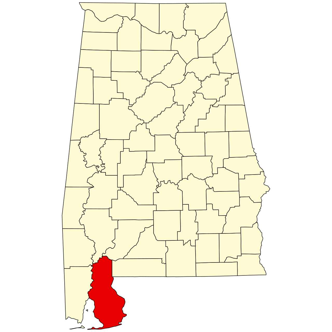 Map of Alabama highlighting Baldwin County