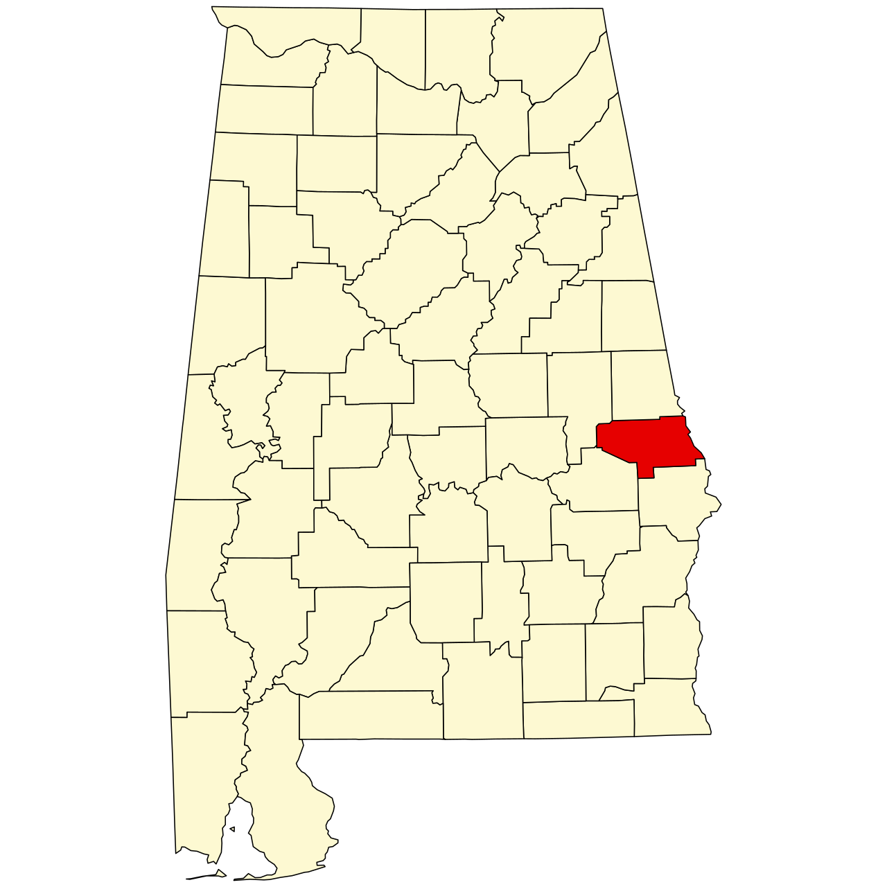 Map of Alabama highlighting Lee County